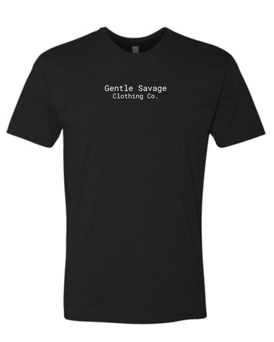 Black t-shirt with 'Gentle Savage Clothing Co.' text on a white background