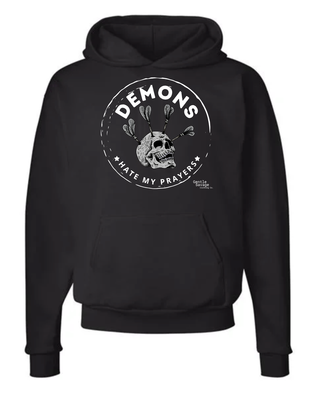 Black hoodie with a graphic design on a white background