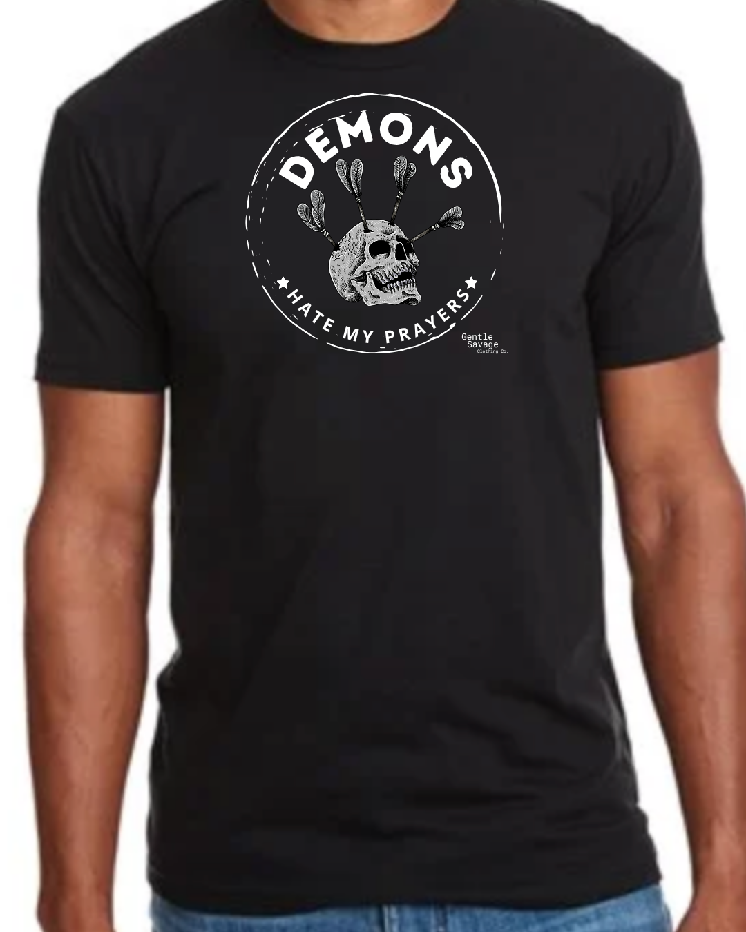 Black t-shirt with a graphic design featuring a skull and text on a white background