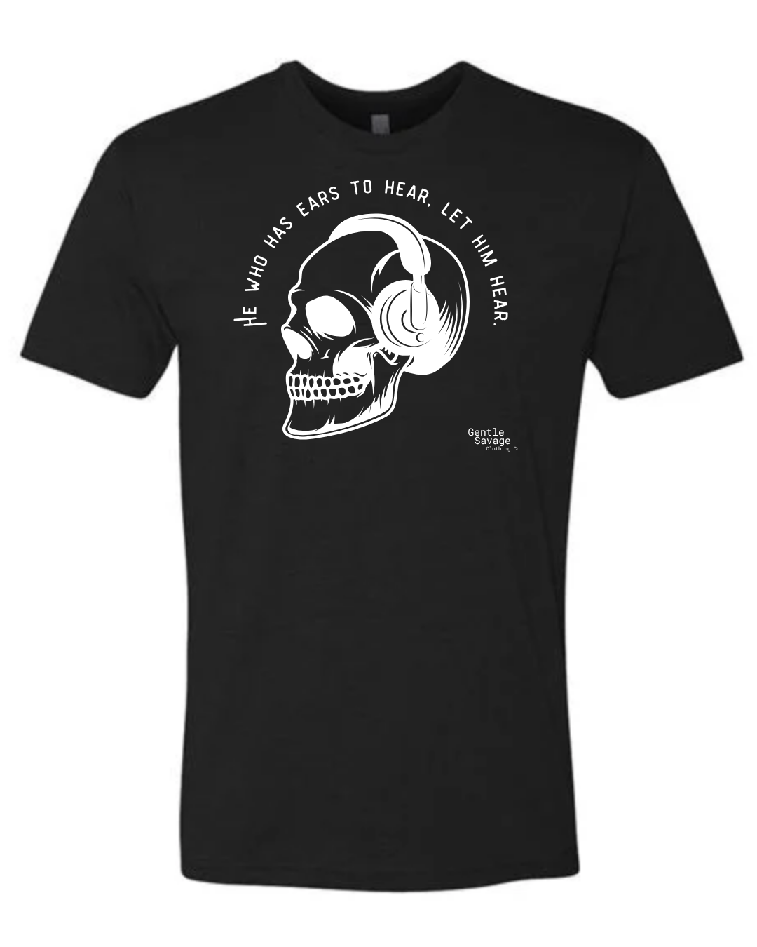 Black t-shirt with a white skull and ear design and text on a white background