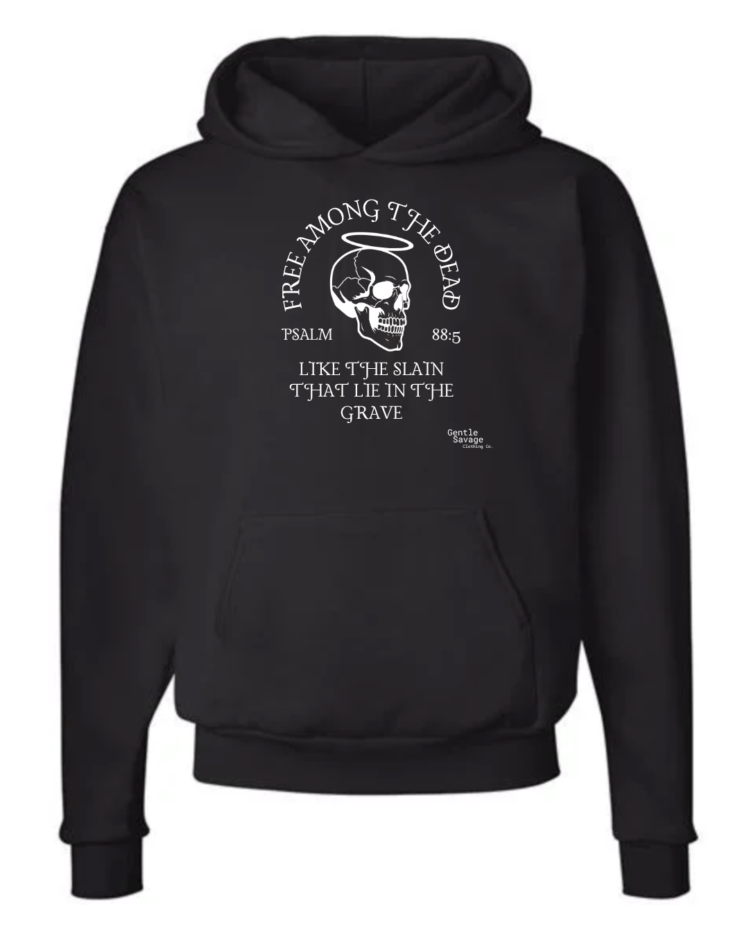 Black hoodie with skull design and text on a white background