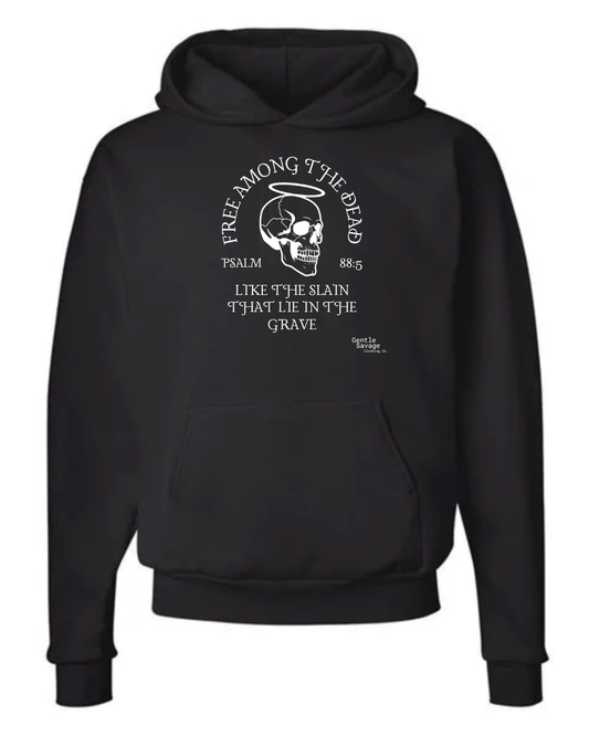 Black hoodie with skull design and text on a white background