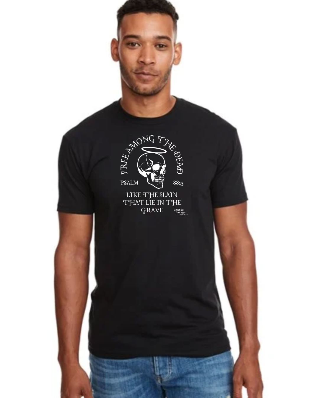 Man wearing a black t-shirt with a skull design and text on a white background