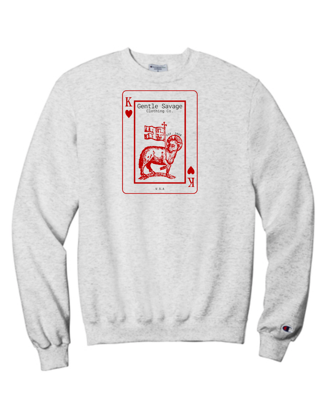 Gray sweatshirt with a red playing card design featuring a lamb on a white background