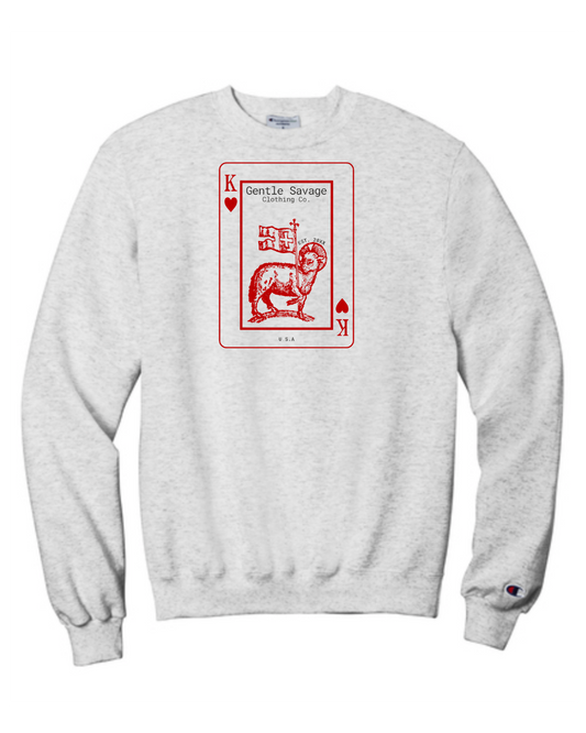 Gray sweatshirt with a red playing card design featuring a lamb on a white background