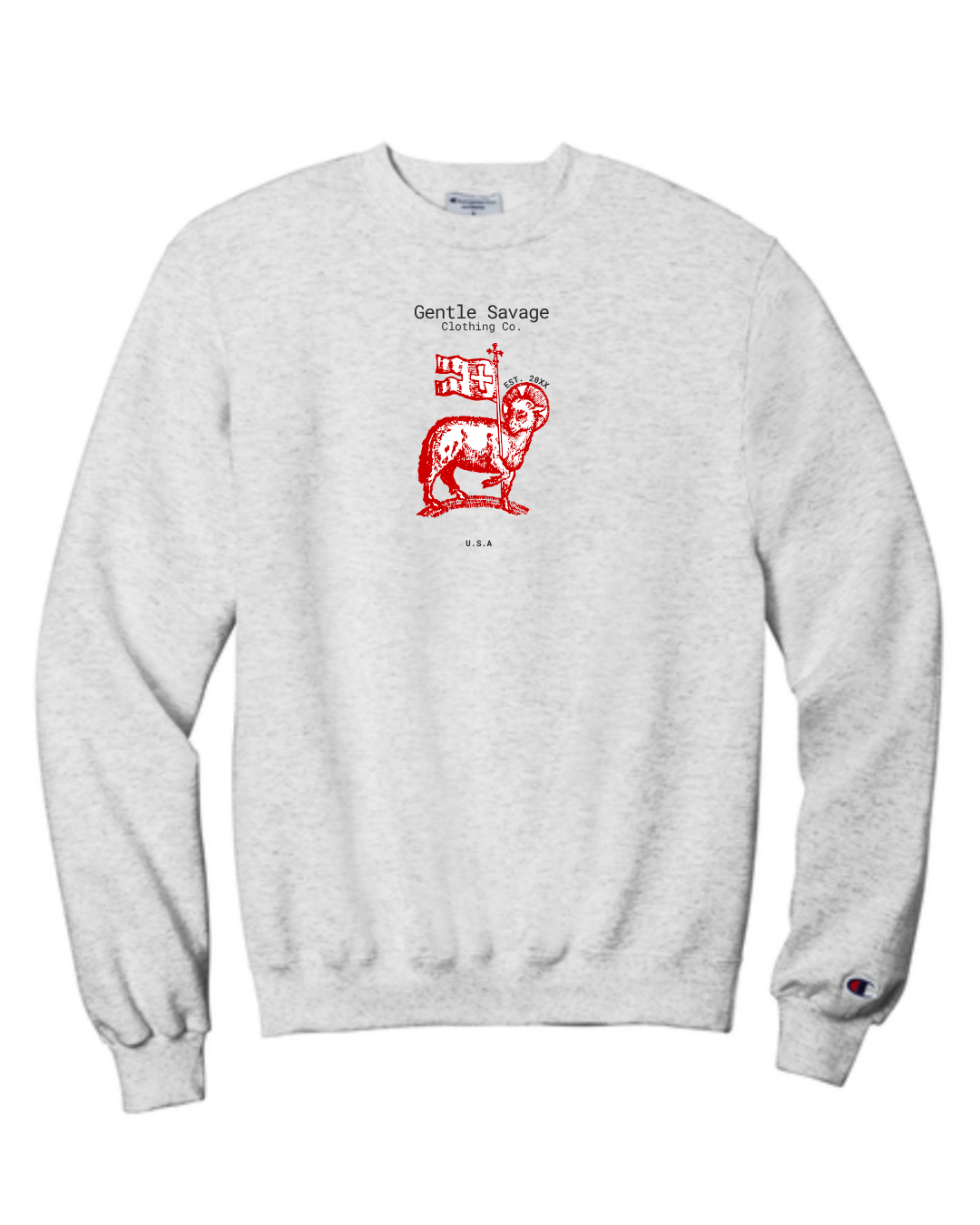 Gray sweatshirt with a red agnus dei graphic and text on a white background