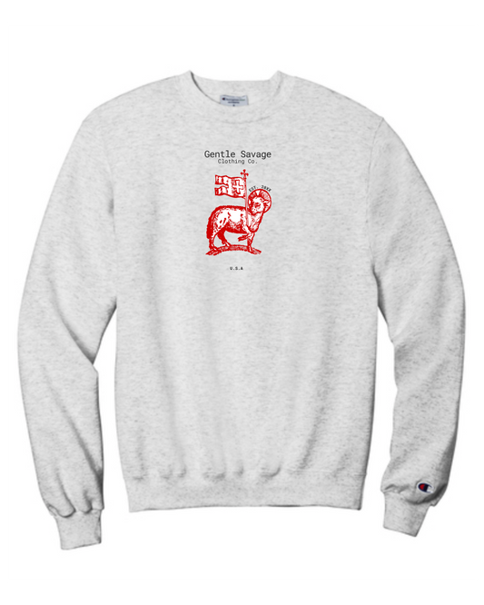 Gray sweatshirt with a red agnus dei graphic and text on a white background