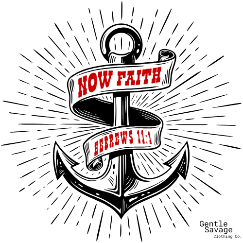 Black anchor with red banners displaying 'NOW FAITH' and 'HEBREWS 11:1' on a white background.