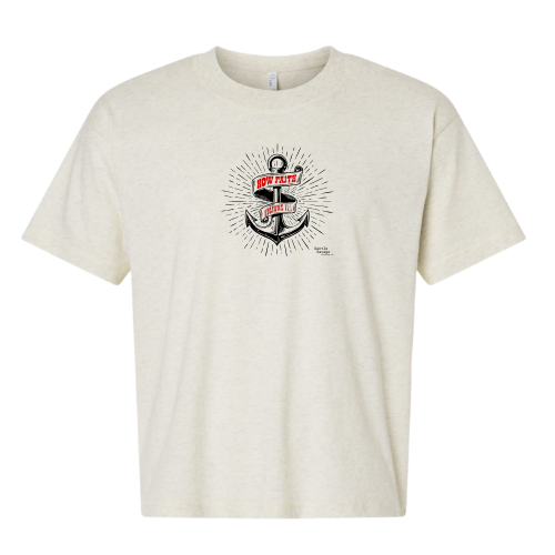 Beige t-shirt with an anchor design and text on a white background