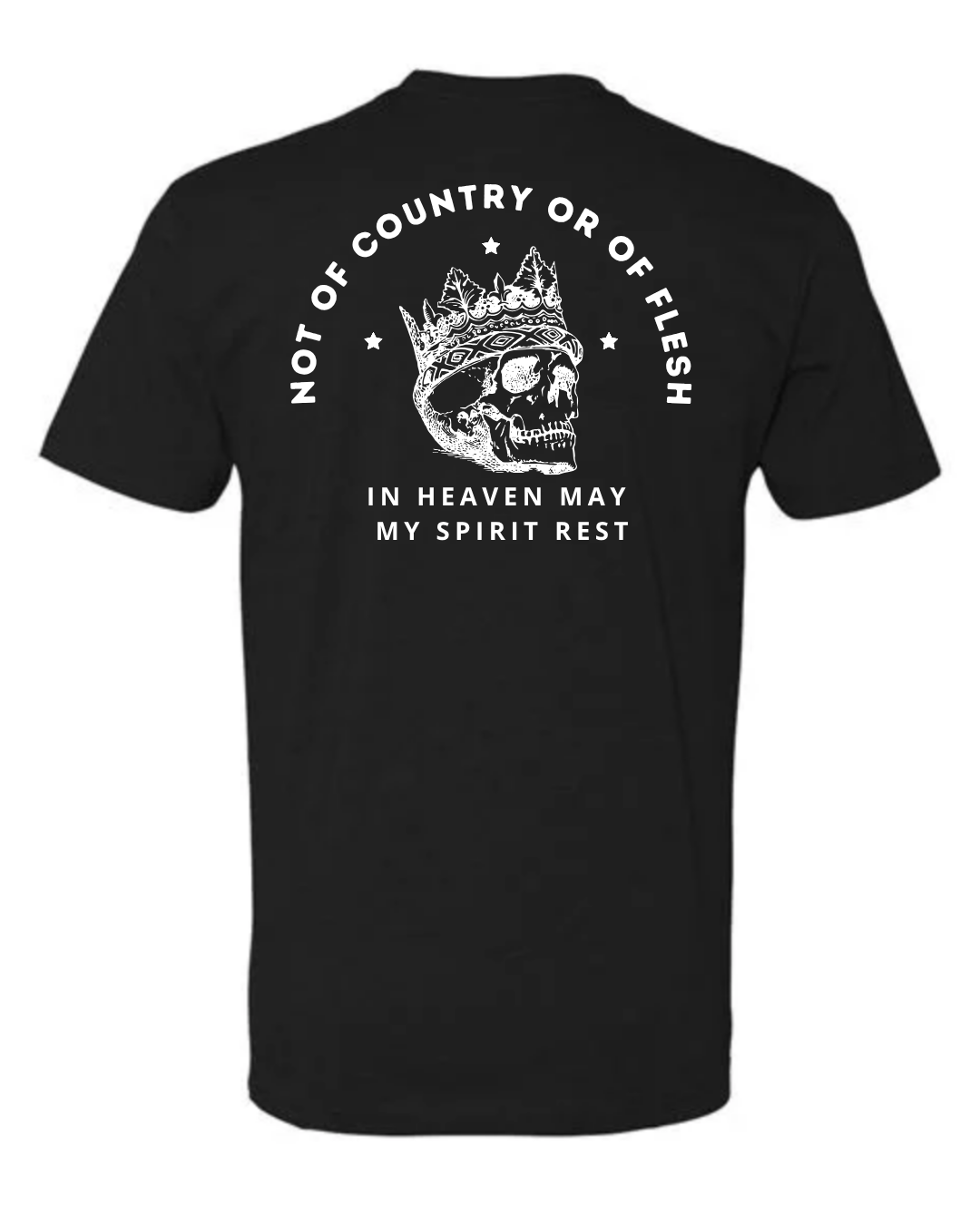 Black t-shirt with white graphic and text on a white background