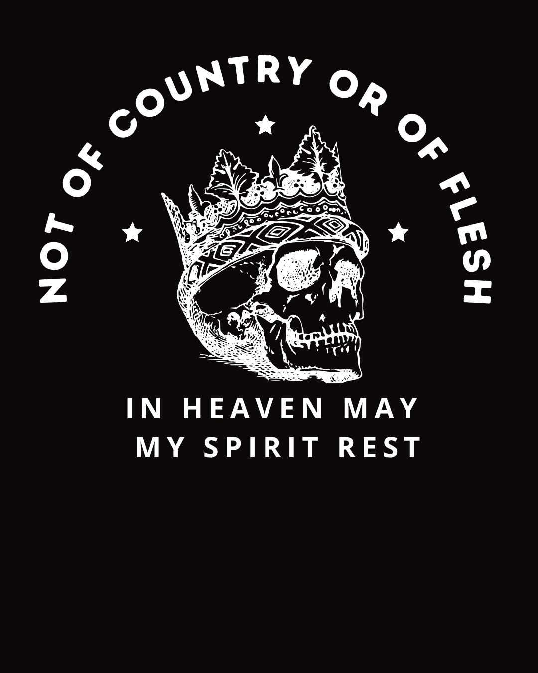 Black and white graphic with skull wearing a crown and text on a black background